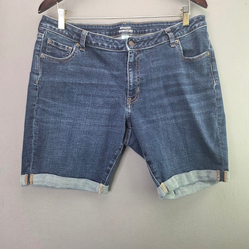 Amazon Essentials Denim Shorts Cuffed Bermuda Size 18 Blue Dark Wash Stretch